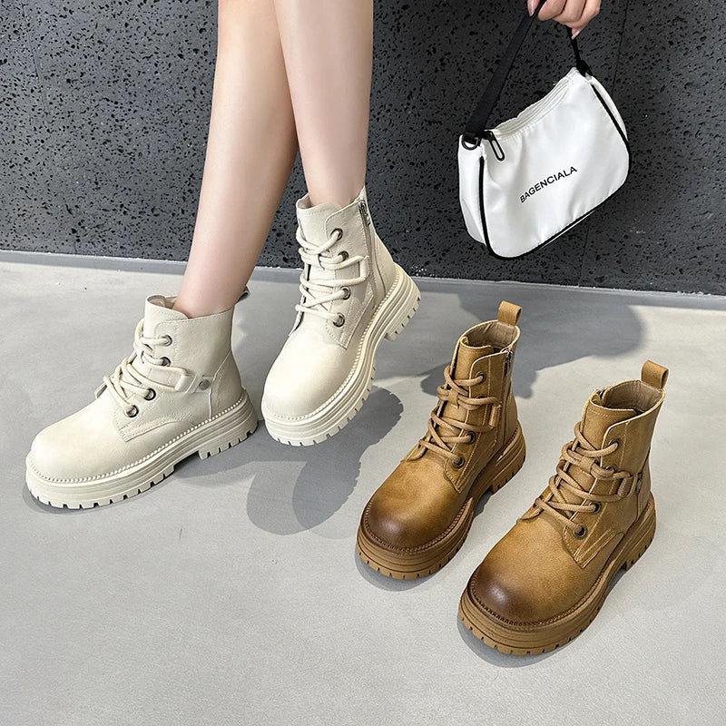 Women Autumn New Genuine Leather Biker Boots Retro Platform British Style Women's Booties