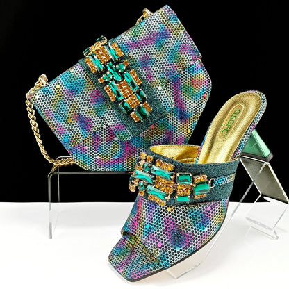 Italian Fashion Square toe Women Strange Heels Bigger size Fashion Rhinestone Decoration Brown Shoes And Bag set Party bag