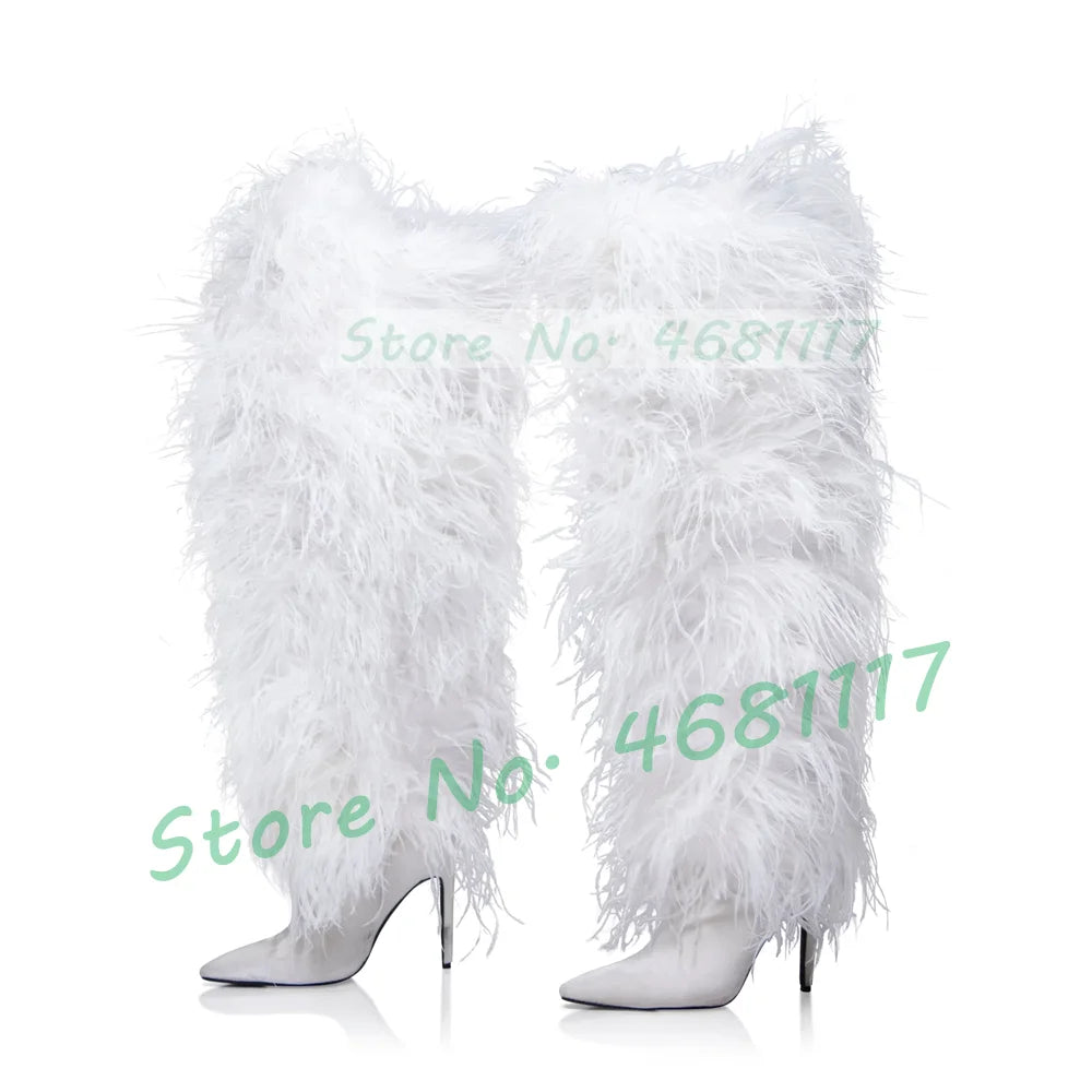 Women Fluffy Real Ostrich Feather Knee High Boots Women
