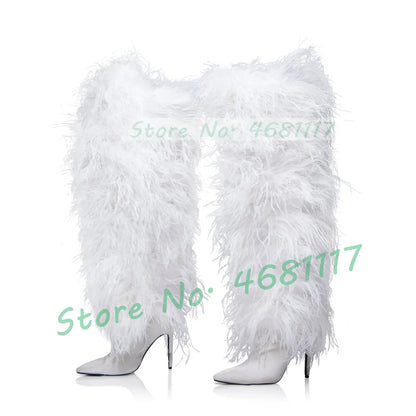 Women Fluffy Real Ostrich Feather Knee High Boots Women