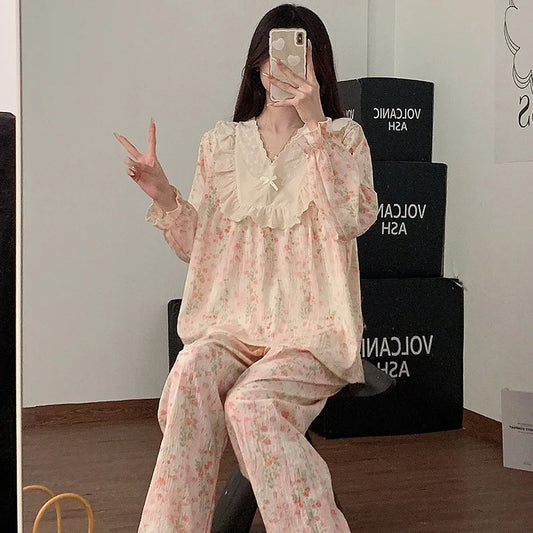 Women`s Lace Flower 2 Piece Pajamas Set V-neck Ruffled Nightwear Clothes