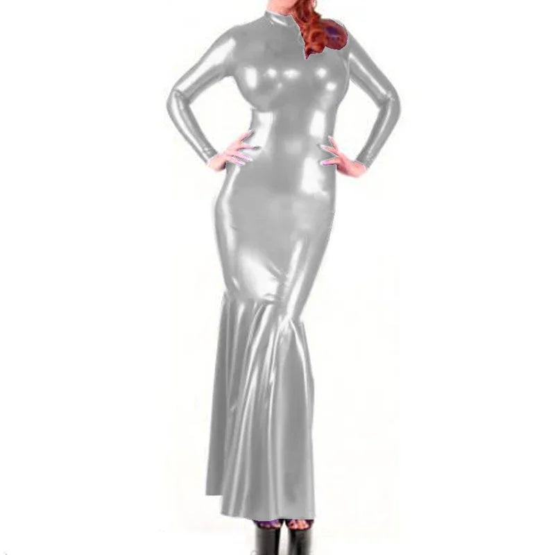 Shiny Metallic Party Evening Gown Dress High Neck Long Sleeve Mermaid Dress