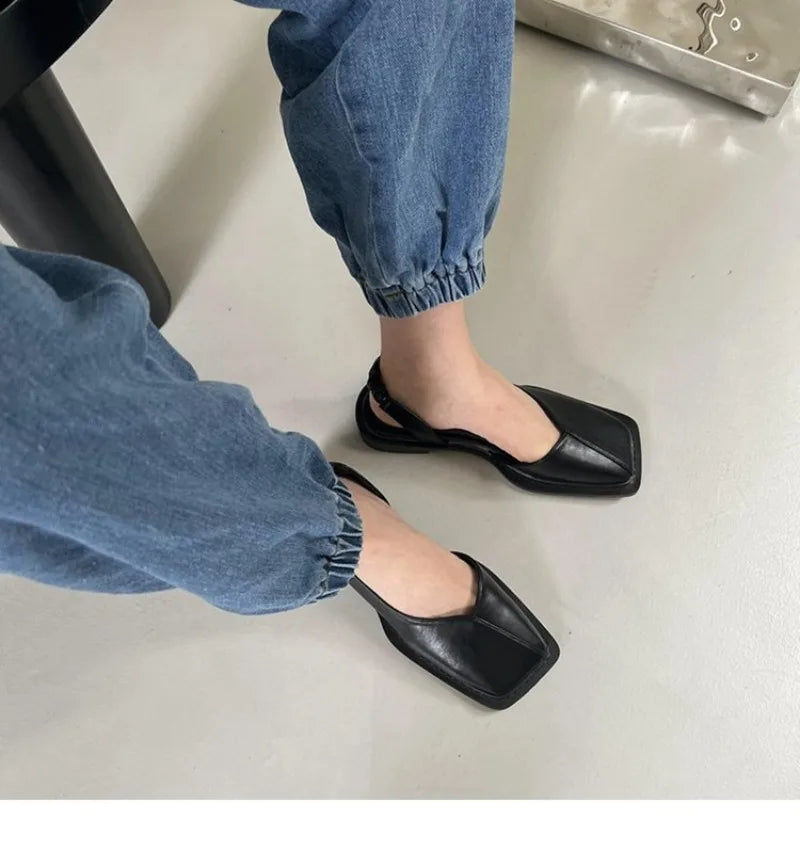 Square Toe Summer Elegant Ladies Sandals  Ladies Elastic Band Flat Heel Women Square Heel