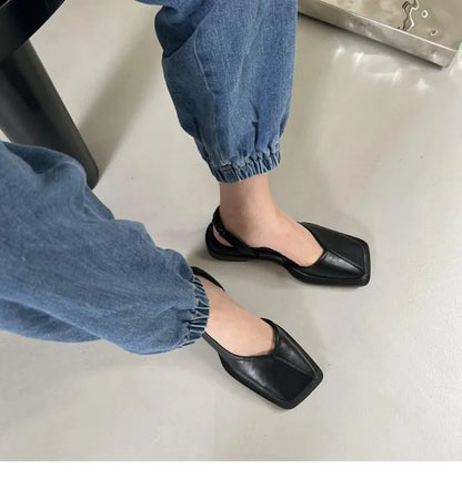 Square Toe Summer Elegant Ladies Sandals  Ladies Elastic Band Flat Heel Women Square Heel