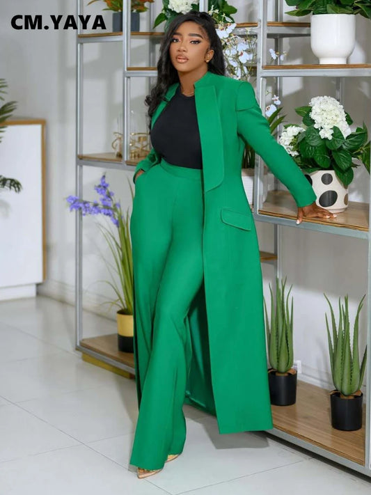Women's Set Full Sleeve X-Long Blazer Coat+ Long Pant Suit