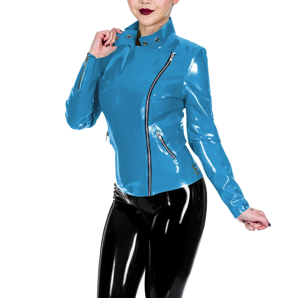 Glossy Leather Motorcycle Jacket for Women Long Sleeve Gothic Punk Style Coat