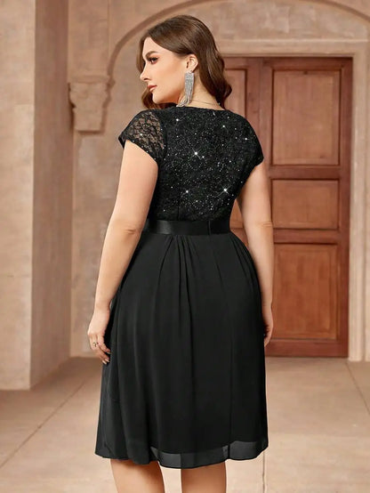 Plus Size V Neck Sequin Lace Chiffon Swing Dress