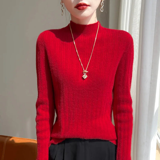 Autumn And Winter  Draw Strip Half Turtleneck Sweater Long Sleeve