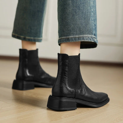 Women Genuine Leather Boots Square Toe Chunky Heel  Slip-on Modern Boots