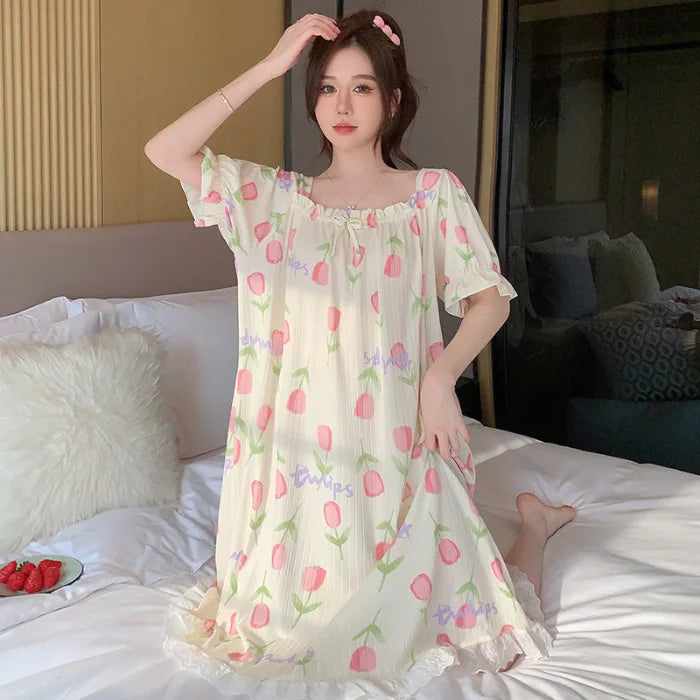 M-5XL Plus Size Sleep Dress for Women Sweet Summer Sleepwear Students Cute Print Nightgown Pajama Sleepshirt