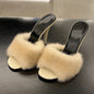Mink fur high heels for women, sexy fish mouth leather party sandals for women