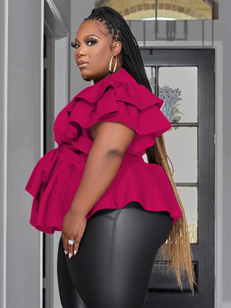 Women Plus Size Tops Elegant Deep V Neck Ruffles Shirts