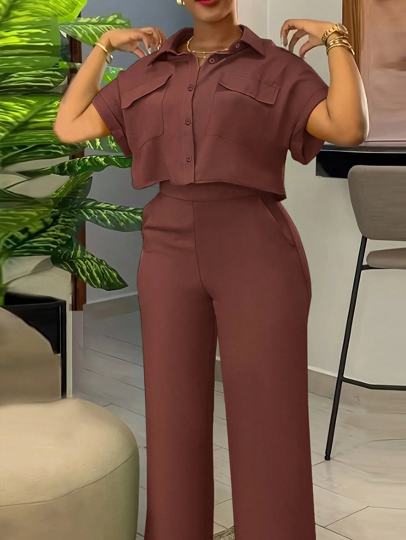 Women Green 2-Piece Short Sleeve Set Button-Up Top and Wide Leg Pants