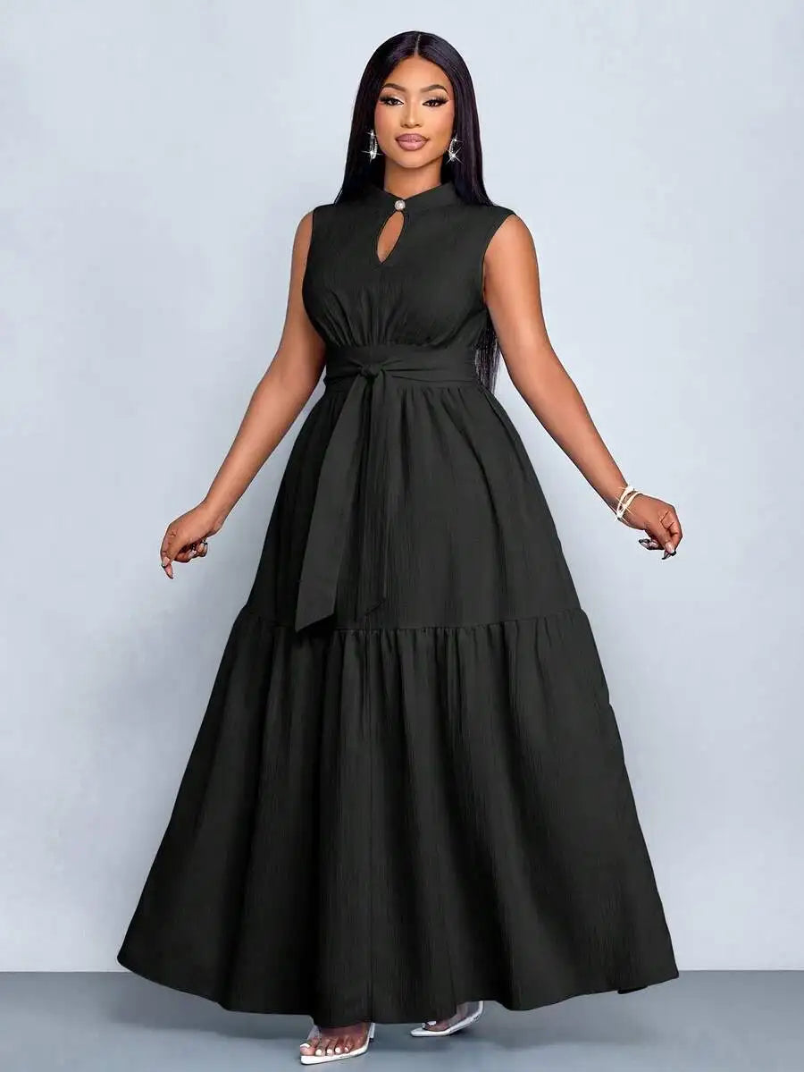 Plus Size Orange Stand Collar Sleeveless Cinched Waist Tiered Maxi Dress Casual Wear