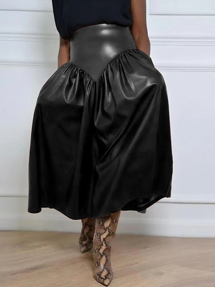 Women Plus Size High Waist Flared Leather Skirt