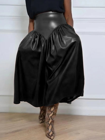 Women Plus Size High Waist Flared Leather Skirt