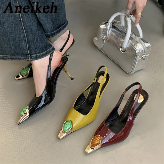 Elegant Street Style Design Metal Square Head Diamonds Woman Pumps