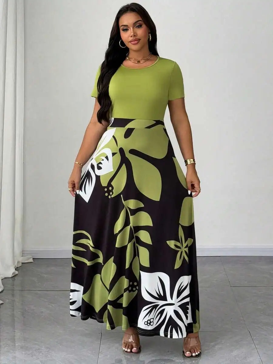 Plus Size Women Botanical Print Round Neck Short Sleeve Maxi Dress