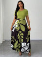 Plus Size Women Botanical Print Round Neck Short Sleeve Maxi Dress
