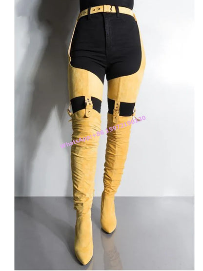 Buckle Belt Hollow Thigh High Boots Solid Chunky Heels