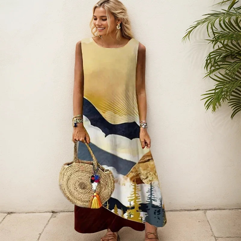 Elegant Printed O-Neck Sleeveless Women Dress  Loose Casual Beach Long Dresses Ladies Boho Maxi Dress