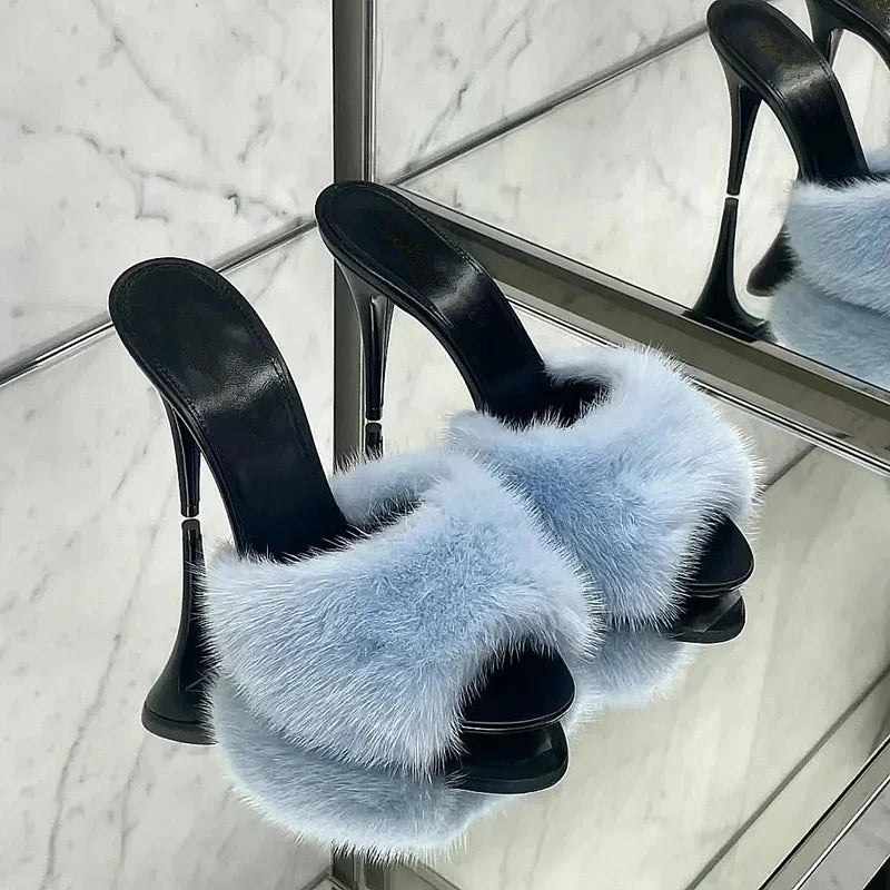 Mink fur high heels for women, sexy fish mouth leather party sandals for women
