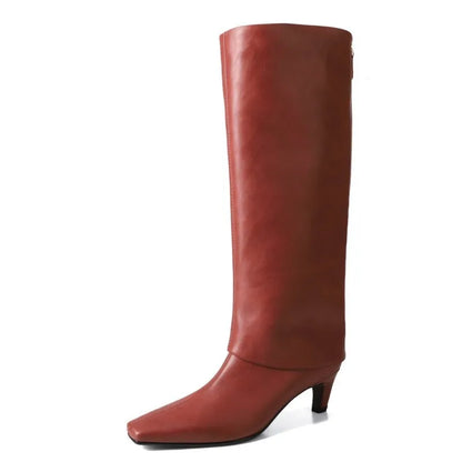 Real Sheepskin Women Knee High Boots Lady Autumn Winter Turned Over Edge Boots