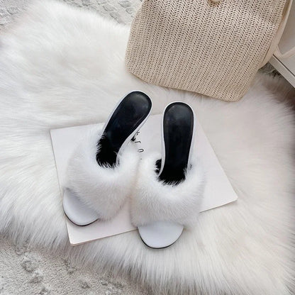 Mink fur high heels for women, sexy fish mouth leather party sandals for women