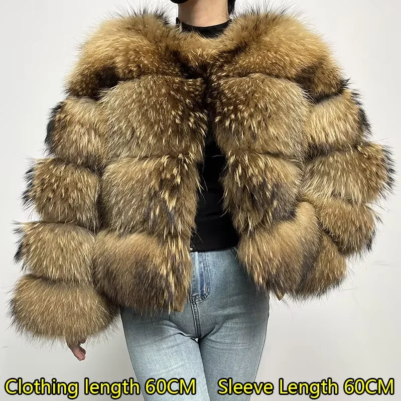 Real Fur Coat Women Natural Raccoon Fur Jacket  Long Sleeve With Hat