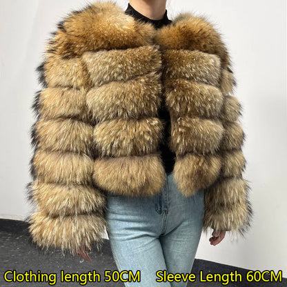 Real Fur Coat Women Natural Raccoon Fur Jacket  Long Sleeve With Hat
