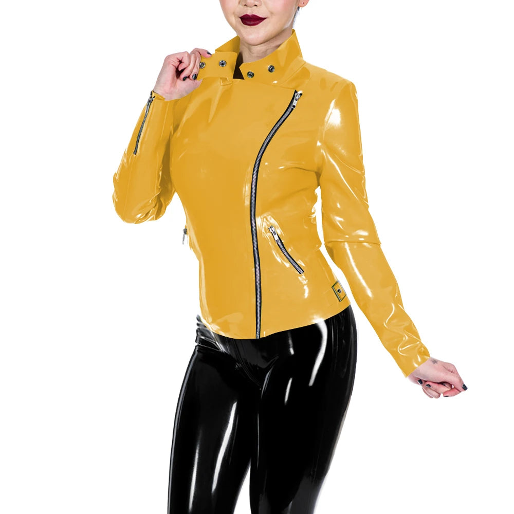 Glossy Leather Motorcycle Jacket for Women Long Sleeve Gothic Punk Style Coat