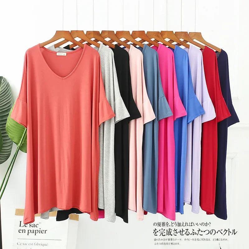 Summer ladies modal night skirt women cotton short-sleeved multi-color plus size loose home skirt sleep wear