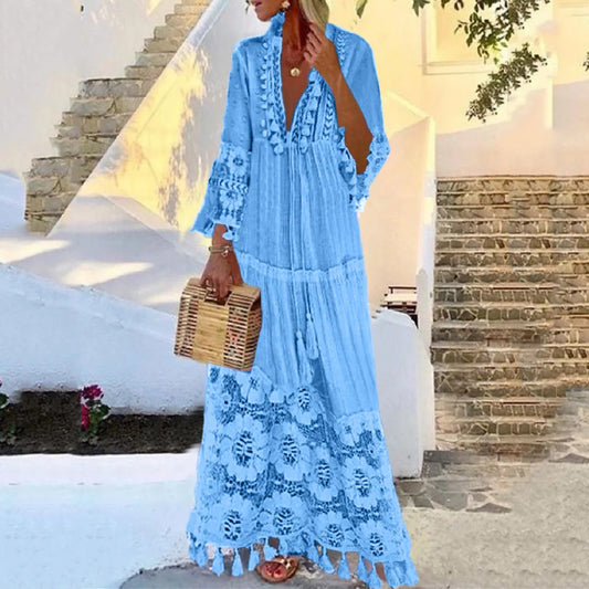 Ladies Bohemian V-Neck Tassel Large Size Casual Dress