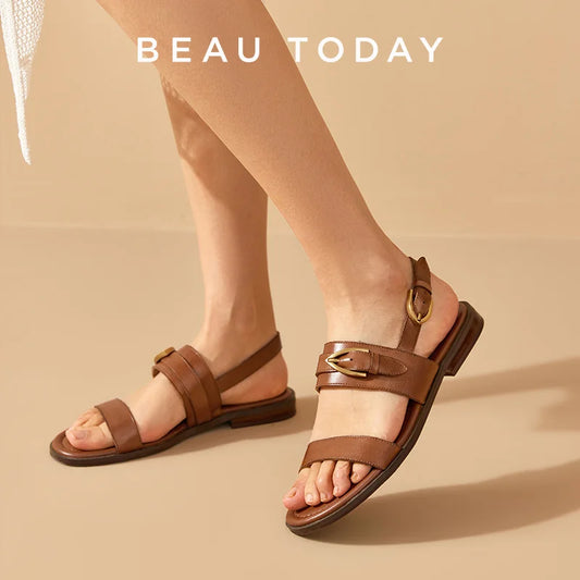 Flat Sandals Genuine Leather Metal Buckle  Slingback Low Heel Summer Retro Ladies Shoes