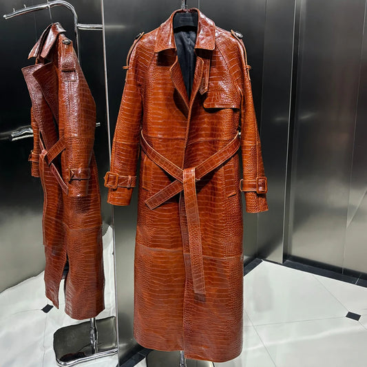 Crocodile Textured Leather Coat Long Ladies Real Sheepskin Coat Genuine Sheep Leather