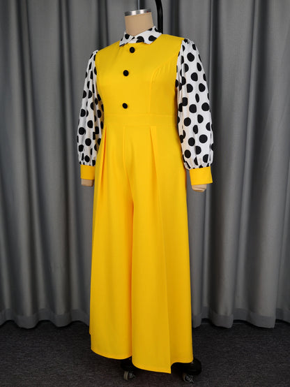Stylish Polka Dot Long Sleeve Jumpsuit 
 Wide Leg Plus Size Rompers  Elegant Spring Summer Office Party Outfits