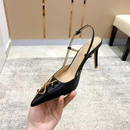 White Elegant Women's Stilettos Summer Fashion Sandals with Metal Buckle Baotou Pointed Back Design