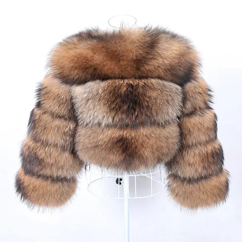 Real Fur Coat Women Natural Raccoon Fur Jacket  Long Sleeve With Hat