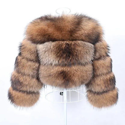 Real Fur Coat Women Natural Raccoon Fur Jacket  Long Sleeve With Hat