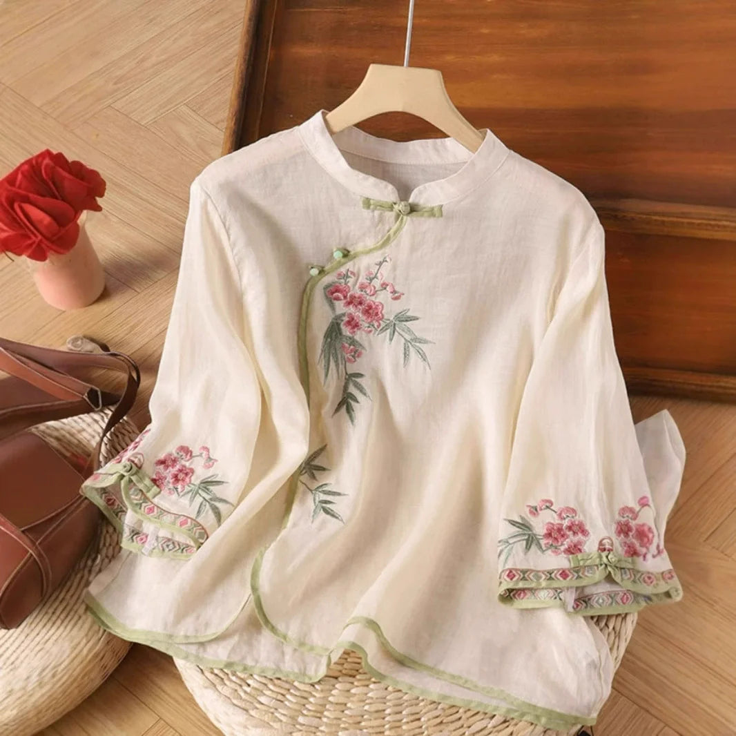 Casual Loose Blouse Shirt Women  Vintage Embroidery Woman Shirt
