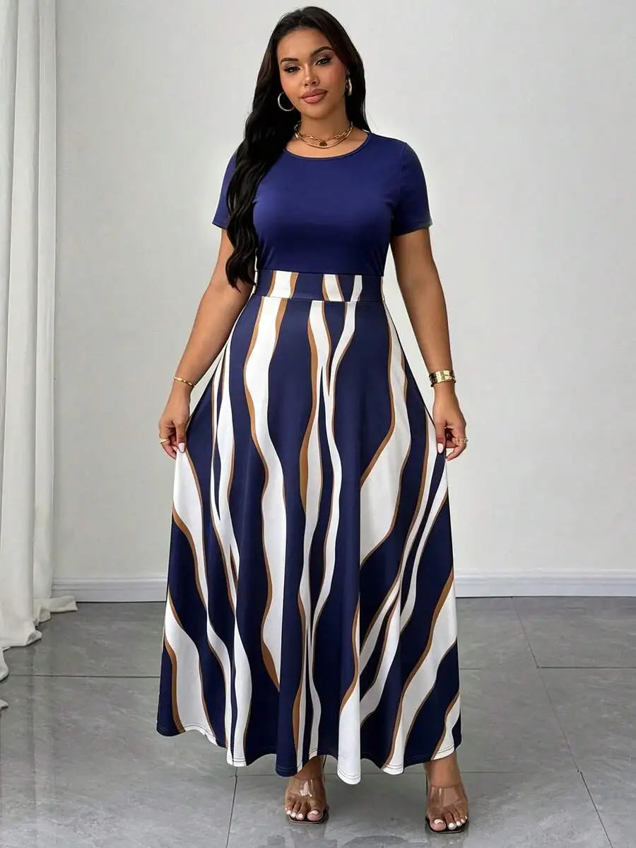 Plus Size Women Botanical Print Round Neck Short Sleeve Maxi Dress