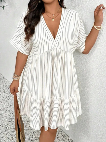 Women Plus Size V-Neck Polka Dot Casual Flowy Dress Summer
