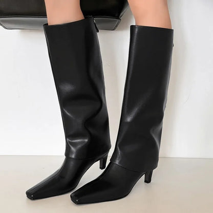 Real Sheepskin Women Knee High Boots Lady Autumn Winter Turned Over Edge Boots