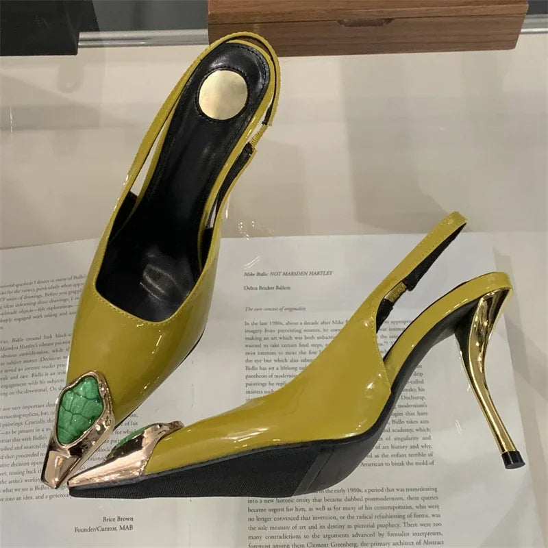 Elegant Street Style Design Metal Square Head Diamonds Woman Pumps