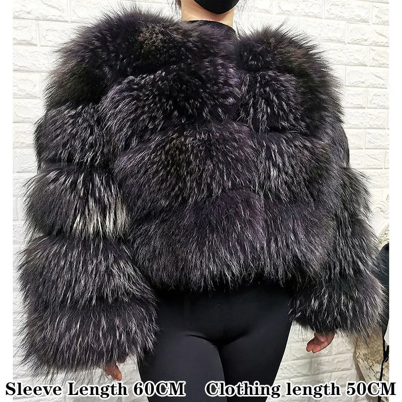 Real Fur Coat Women Natural Raccoon Fur Jacket  Long Sleeve With Hat