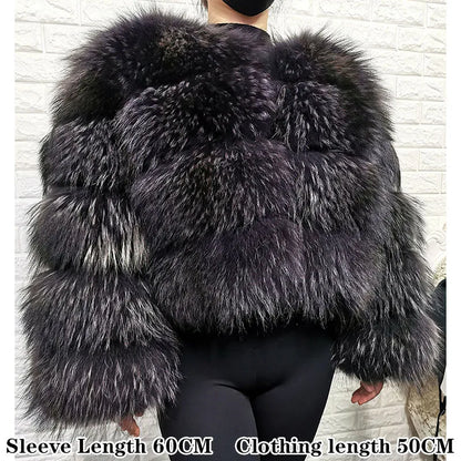 Real Fur Coat Women Natural Raccoon Fur Jacket  Long Sleeve With Hat