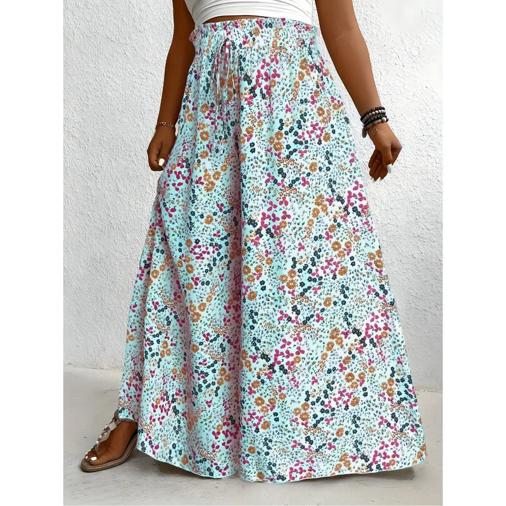 Plus Size 1XL-5XL Women Fashion Floral Print Wide Leg Pants