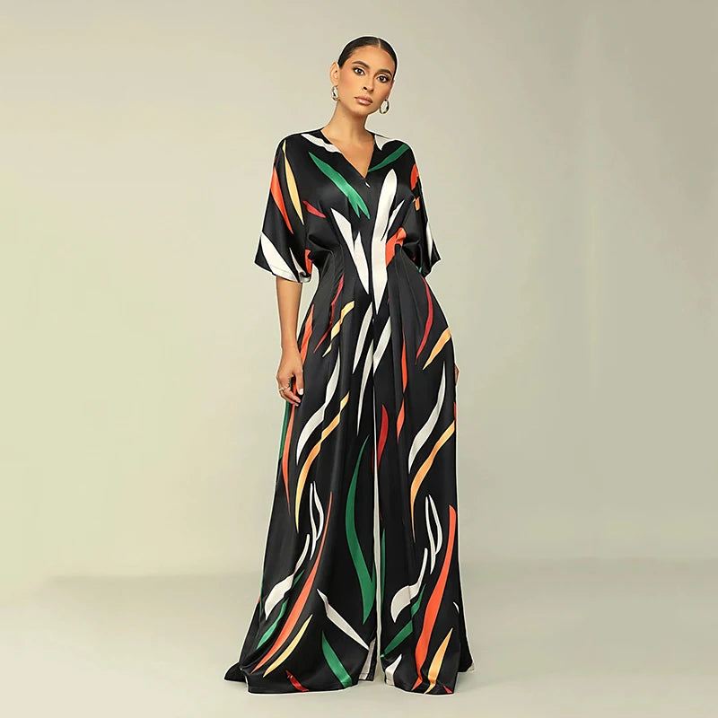 Women Spring / Autumn Half Sleeve Print V-neck High Waist Fashion  Jumpsuit