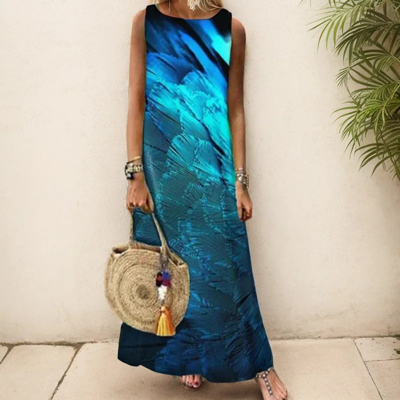 Elegant Printed O-Neck Sleeveless Women Dress  Loose Casual Beach Long Dresses Ladies Boho Maxi Dress