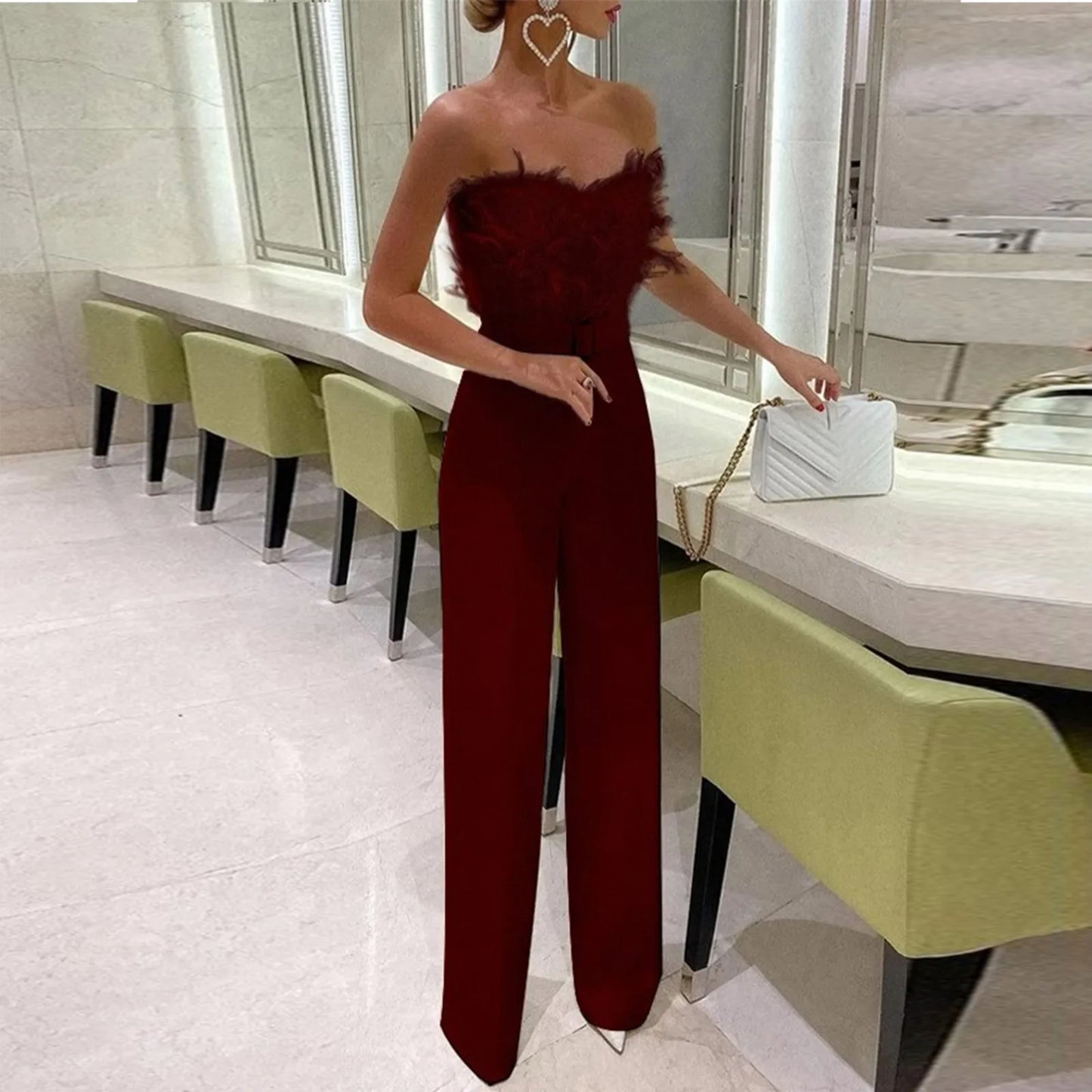 Women Jumpsuit Feather Tube Top Sexy Evening Jump Suits Sleeveless High-waisted Straight Playsuits Night Clubwear Overalls